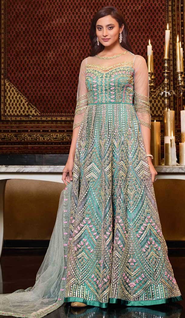 Mint Blue Color Net Heavy Designer Bridal Party Wear Indo Western Suit -007117077