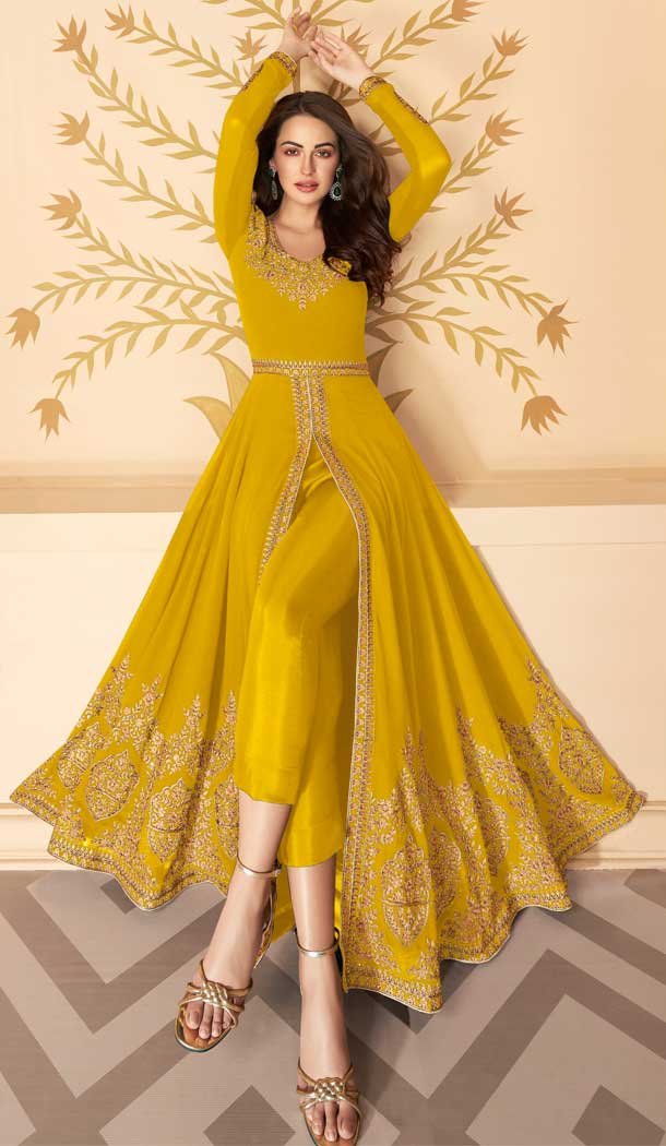 Yellow Color Real Georgette Party Wear Indo Western Suit -032117477