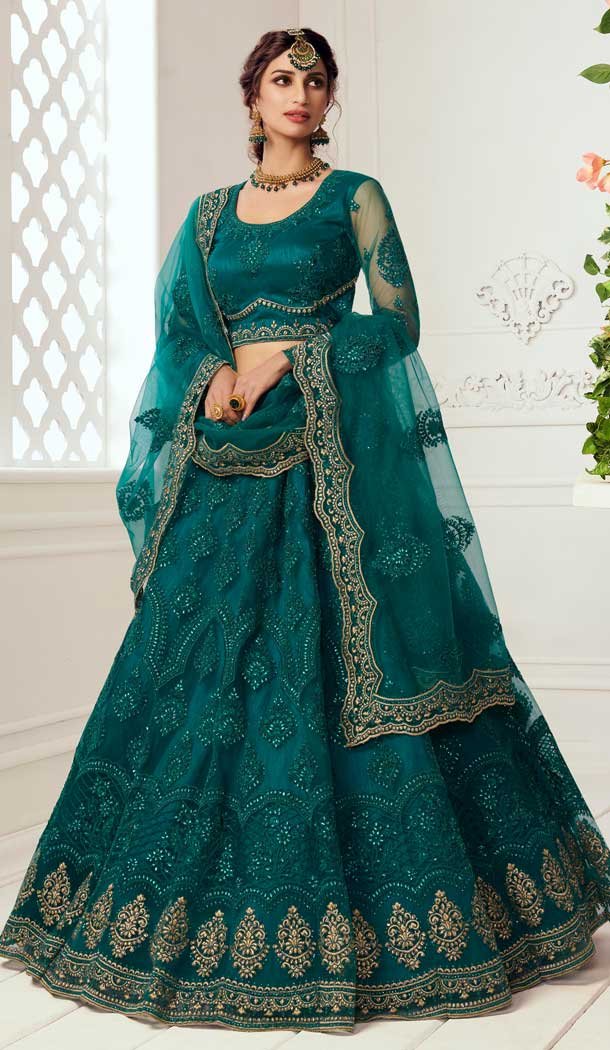 Teal Green Color Net Designer Bridal Wedding Wear Lehenga Choli -033117490