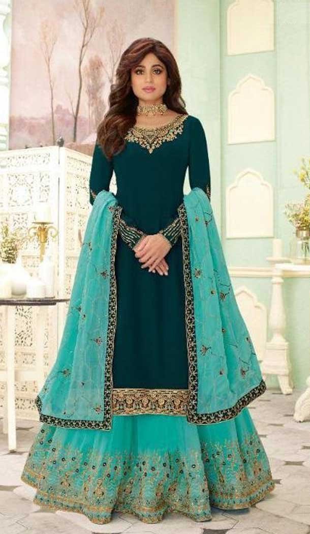 Navy Blue Color Foux Georgette Heavy Designer Gharara Style Salwar Suit -046117578