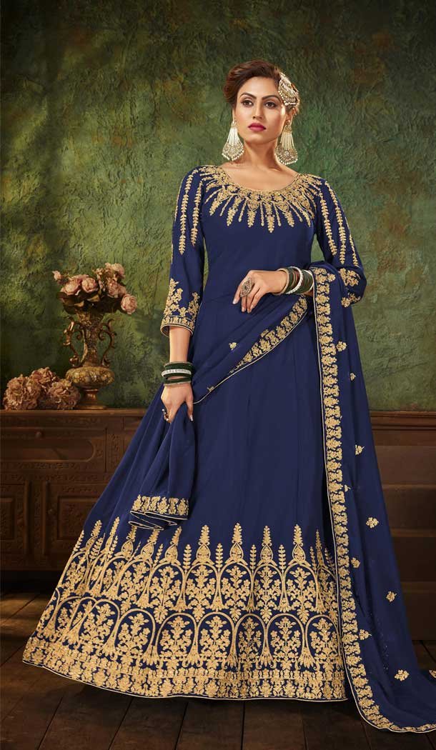 Blue Color Pure Georgette Heavy Designer Wear Aanarkali Suit -048117591