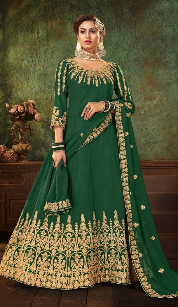 Green Color Pure Georgette Heavy Designer Wear Aanarkali Suit -048117593
