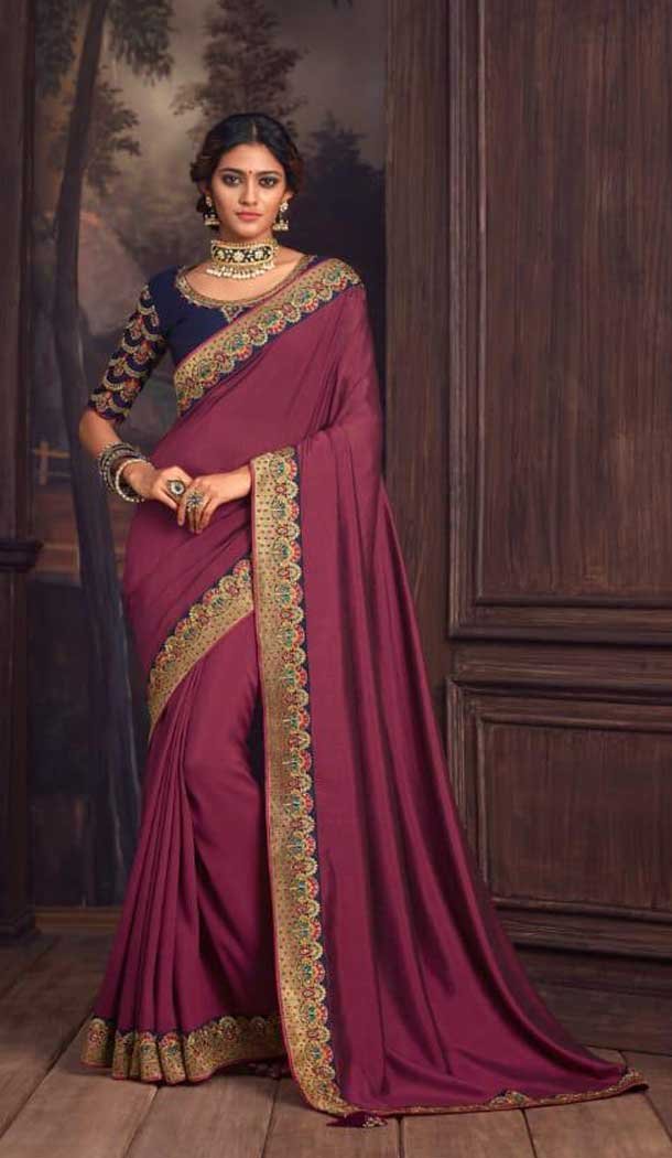 Light Maroon Color Silk Embroidered Work Designer Party Wear Saree -056117642