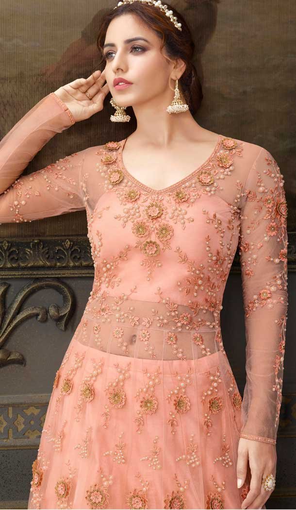 Peach Color Soft Net Embroidered Bridal Designer Party Wear Gown Suit -059117665