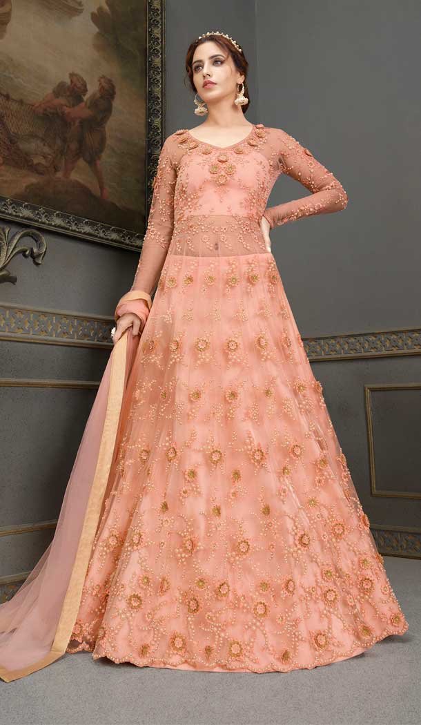 Peach Color Soft Net Embroidered Bridal Designer Party Wear Gown Suit -059117665