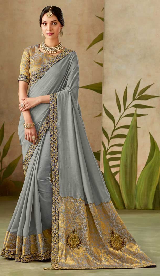Grey Color Silk Designer Traditional Wear Saree Blouse -075117773