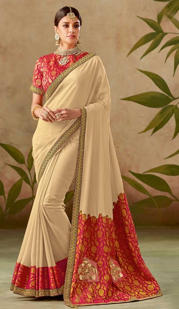 Attractive Beige Color Silk Designer Traditional Wear Saree Blouse -075117774