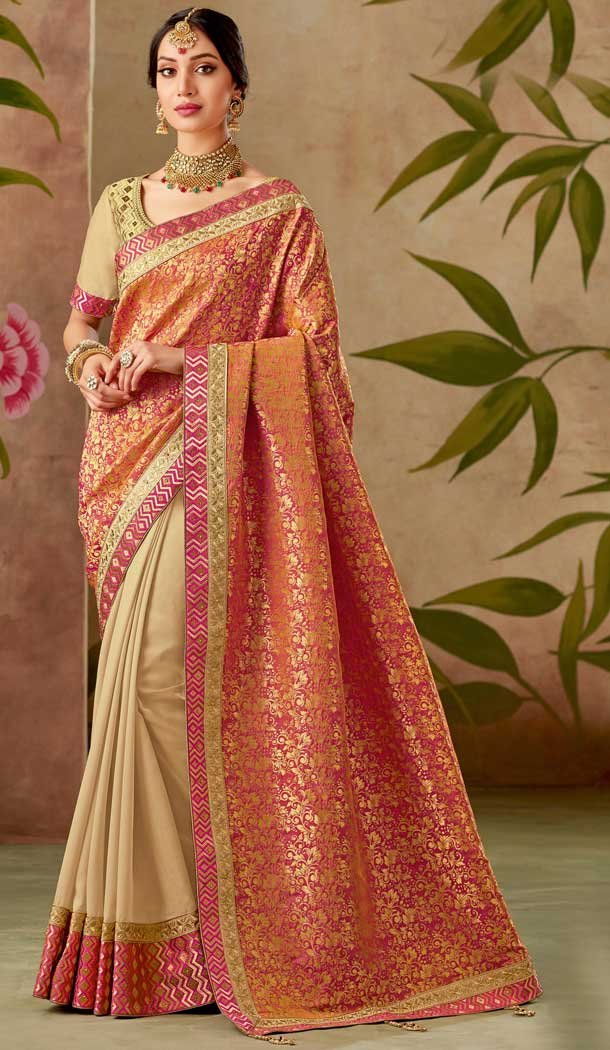 Orange Beige Color Silk Designer Traditional Wear Saree Blouse -075117775