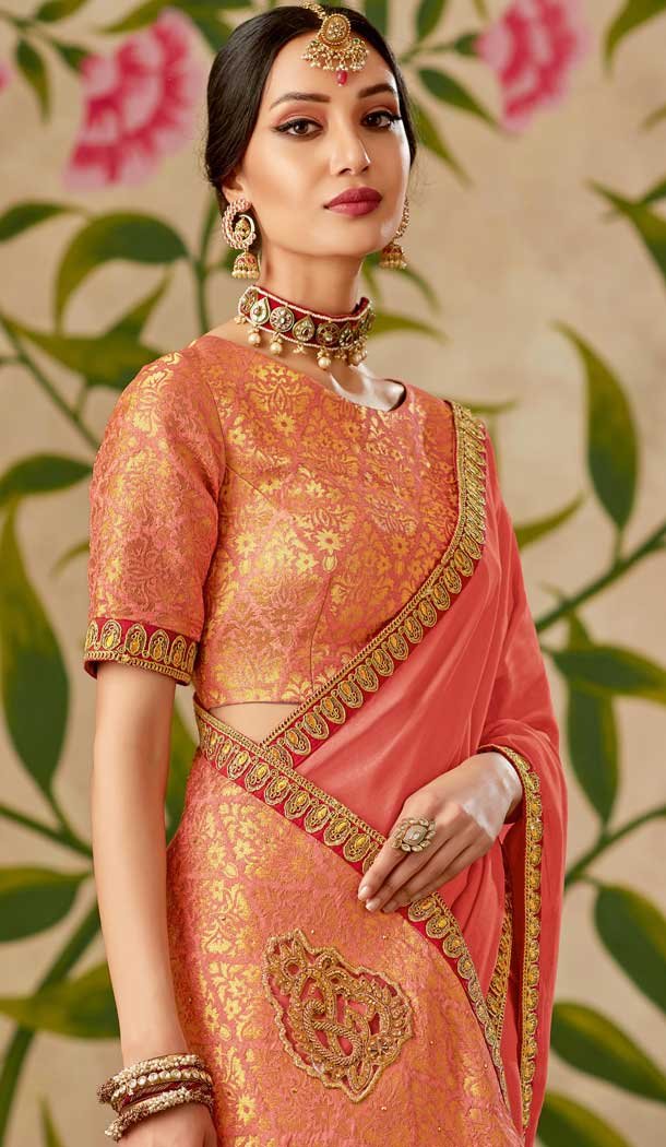 Peach Color Silk Designer Traditional Wear Saree Blouse -075117781