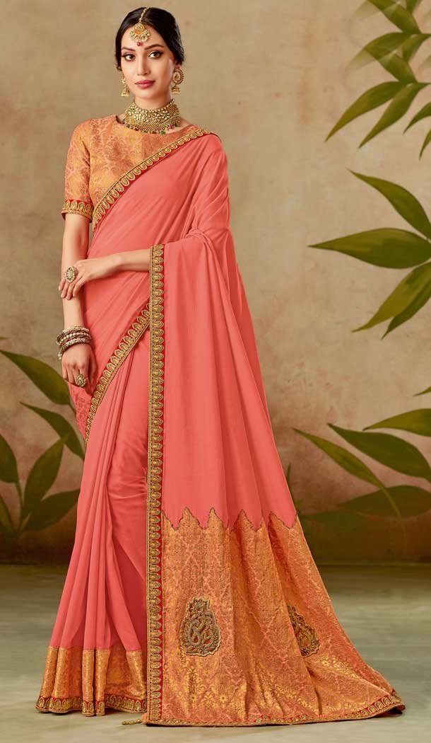 Peach Color Silk Designer Traditional Wear Saree Blouse -075117781