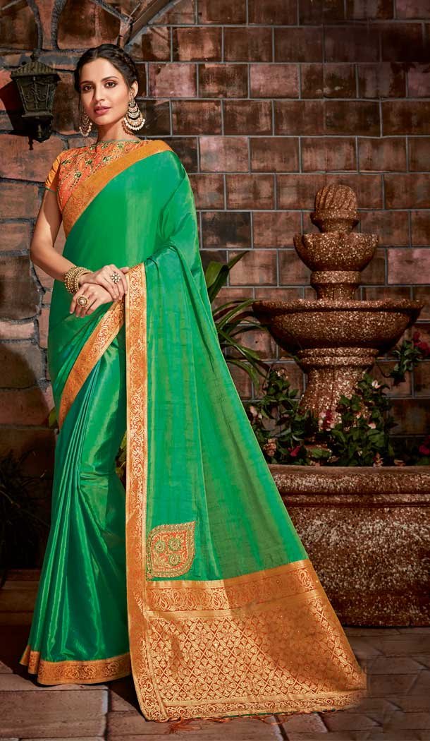 Green Color Satin Silk Designer Traditional Party Wear Saree -076117785