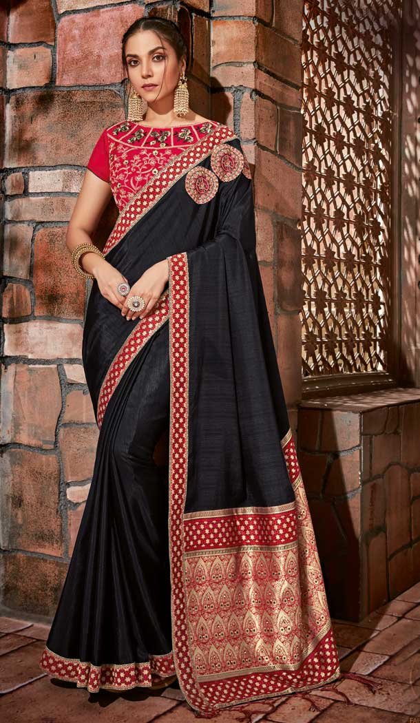 Black Color Satin Silk Designer Traditional Party Wear Saree -076117786