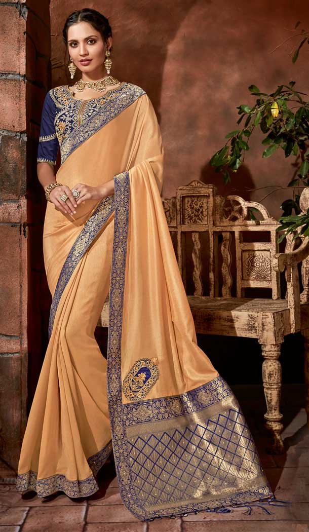 Cream Color Satin Silk Designer Traditional Party Wear Saree -076117789
