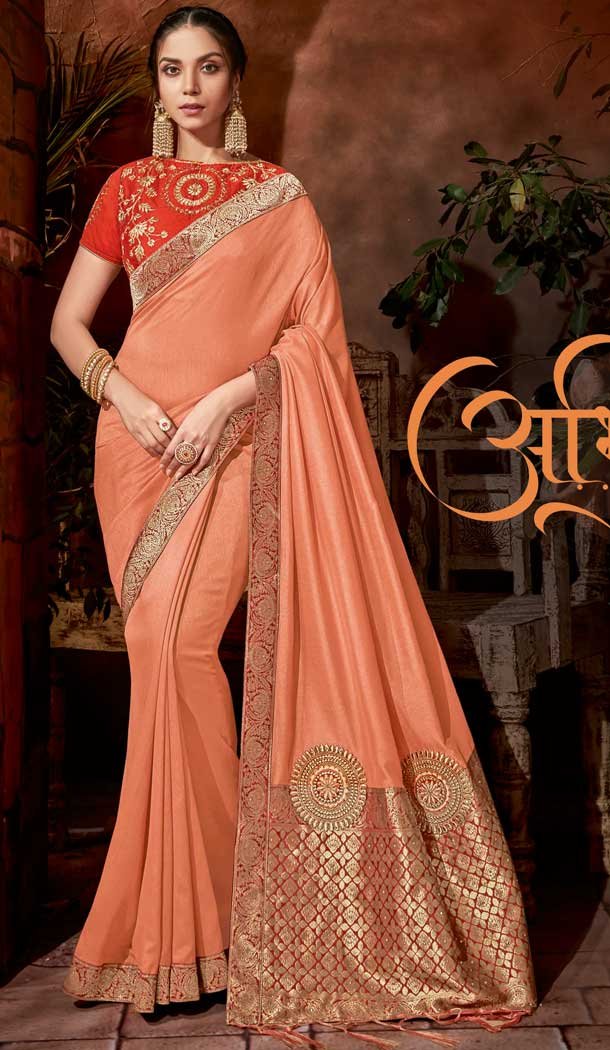 Peach Color Satin Silk Designer Traditional Party Wear Saree -076117790
