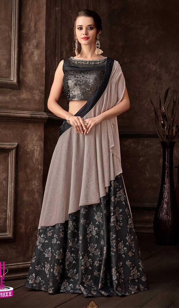 Grey Color Fancy Fabric Designer One Minute Wear Lehenga Style Saree -077117797
