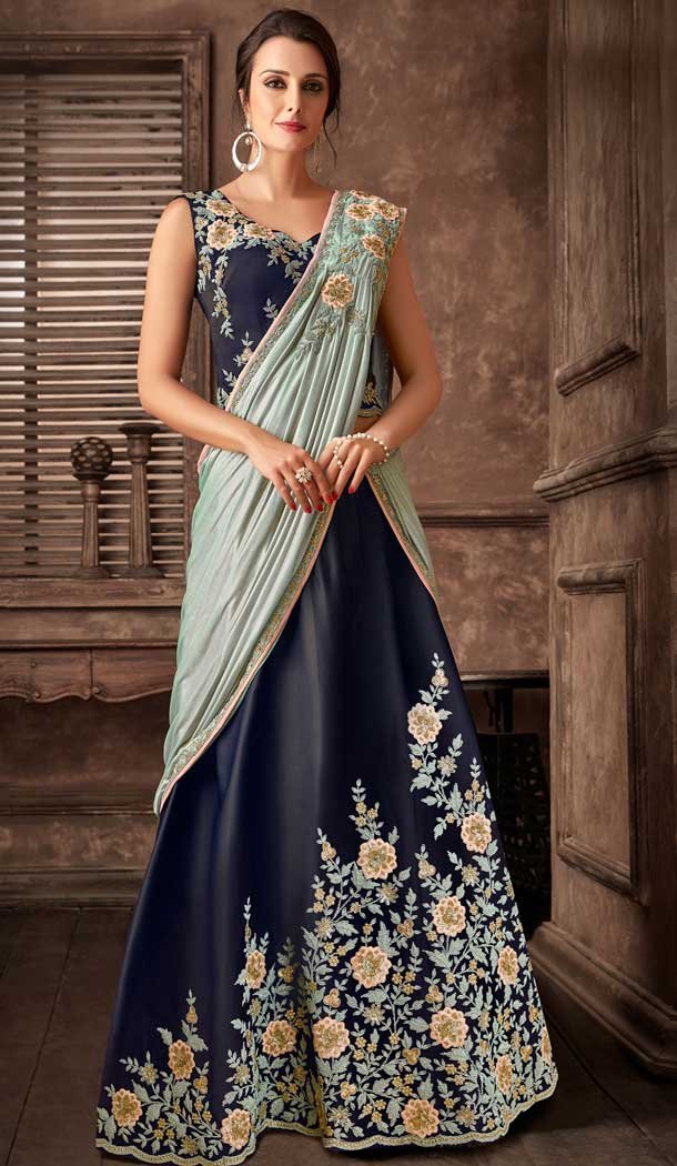 Navy Blue Color Fancy Fabric Designer One Minute Wear Lehenga Style Saree -077117801
