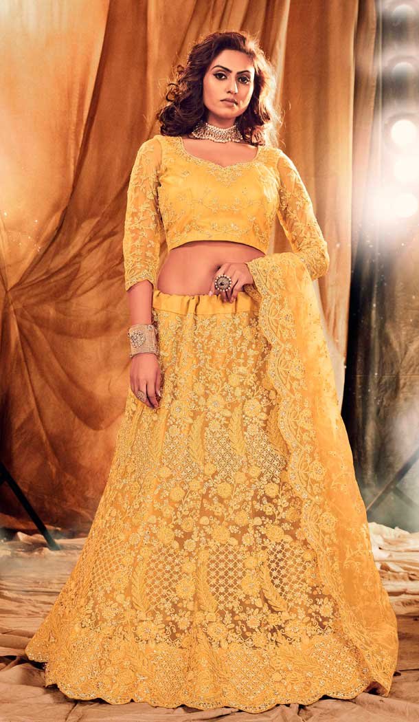 Yellow Color Heavy Net Embroidery Bridal Wedding Wear Lehenga Choli -093117954