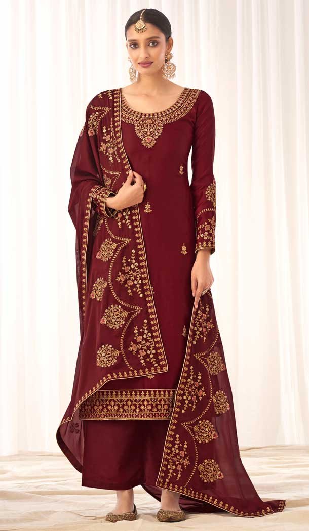 Maroon Color Tussar Silk Heavy Embroidered Party Wear Palazzo Suit -107118068