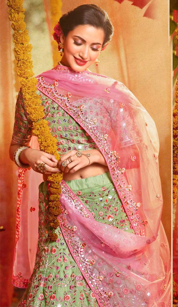 Green Color Pure Organza Heavy Designer Bridal Wedding Wear Lehenga Choli -115118126