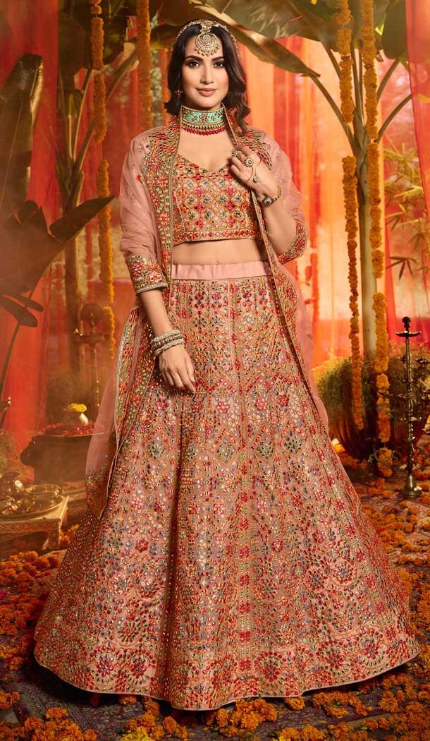 Peach Color Pure Organza Heavy Designer Bridal Wedding Wear Lehenga Choli -115118127
