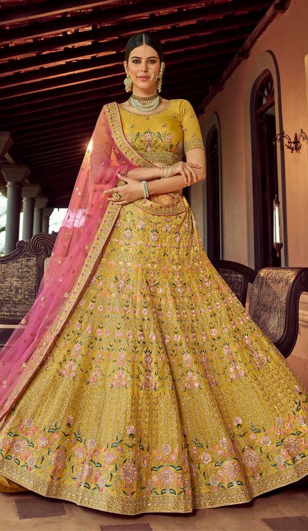 Musterd Color Organza Designer Bridal Wedding Wear Lehenga Choli -108118076