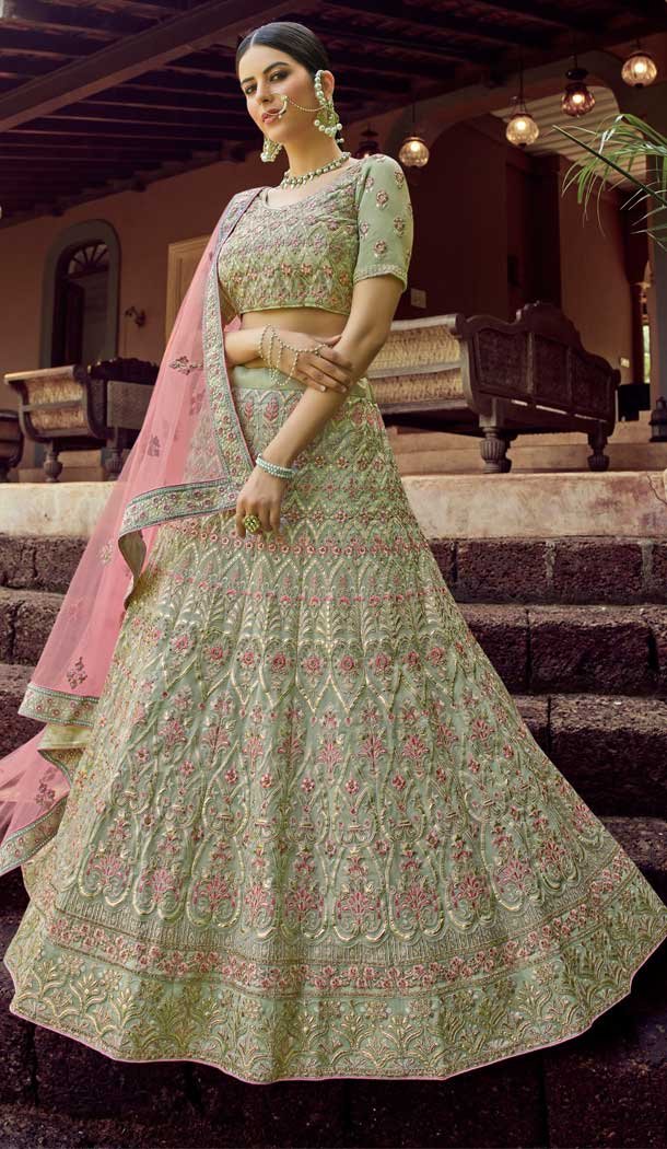 Green Color Georgette Designer Bridal Wedding Wear Lehenga Choli -108118080