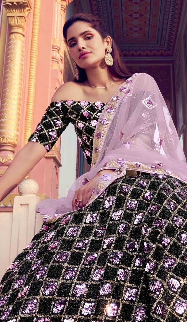 Black Color Fur Imported Fabric Designer Party Wear Lehenga Choli -125118212