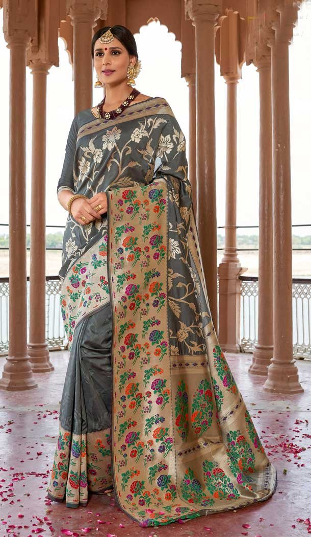 Grey Color Silk Designer Traditional Party Wear Saree Blouse -123118204