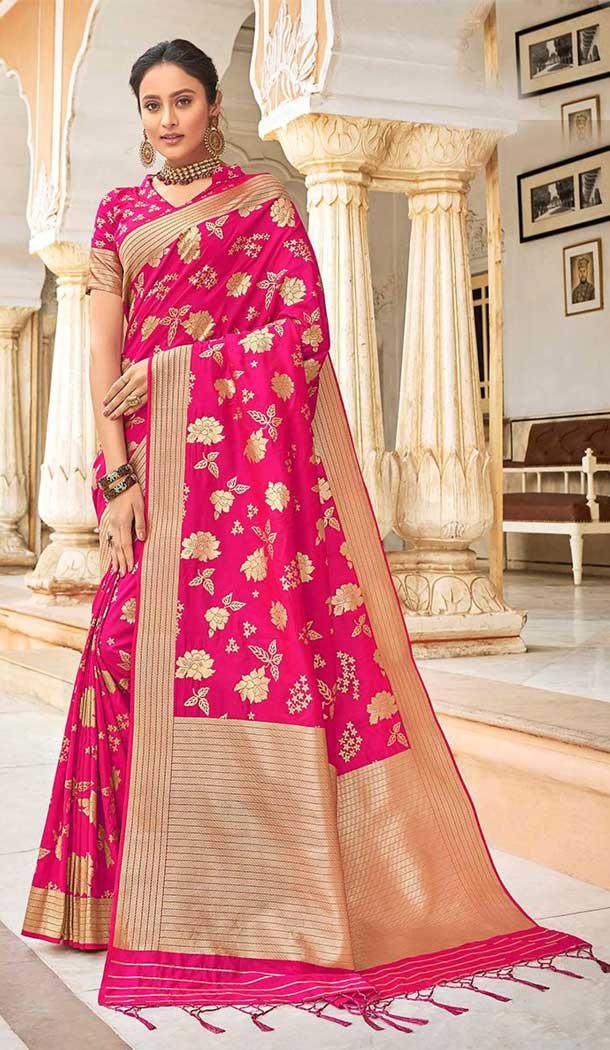 Pink Color Silk Weaving Work Traditional Party Wear Saree -136118308