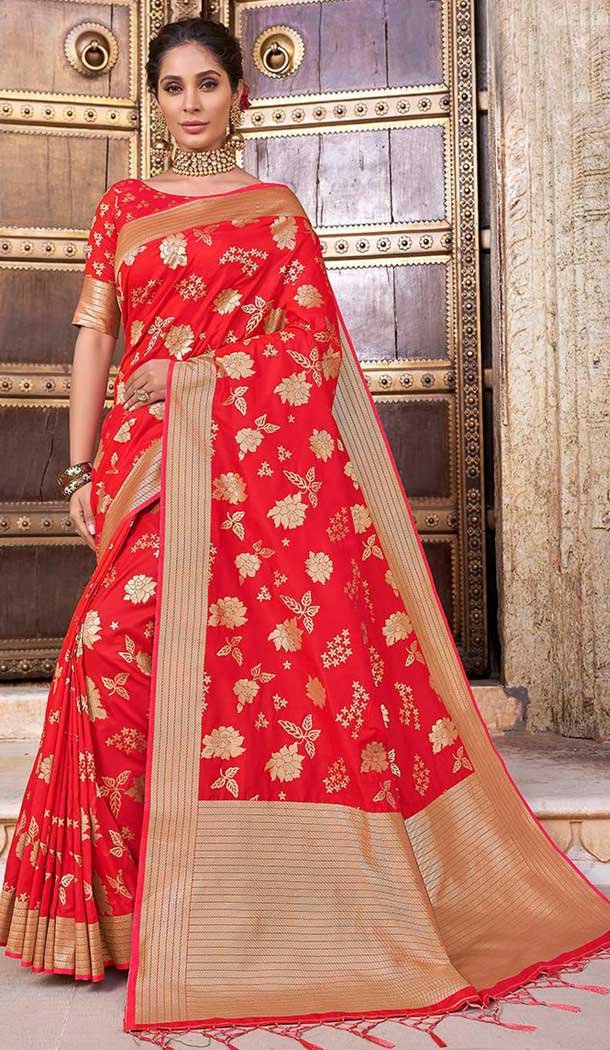Styled Red Color Silk Weaving Work Traditional Party Wear Saree -136118310