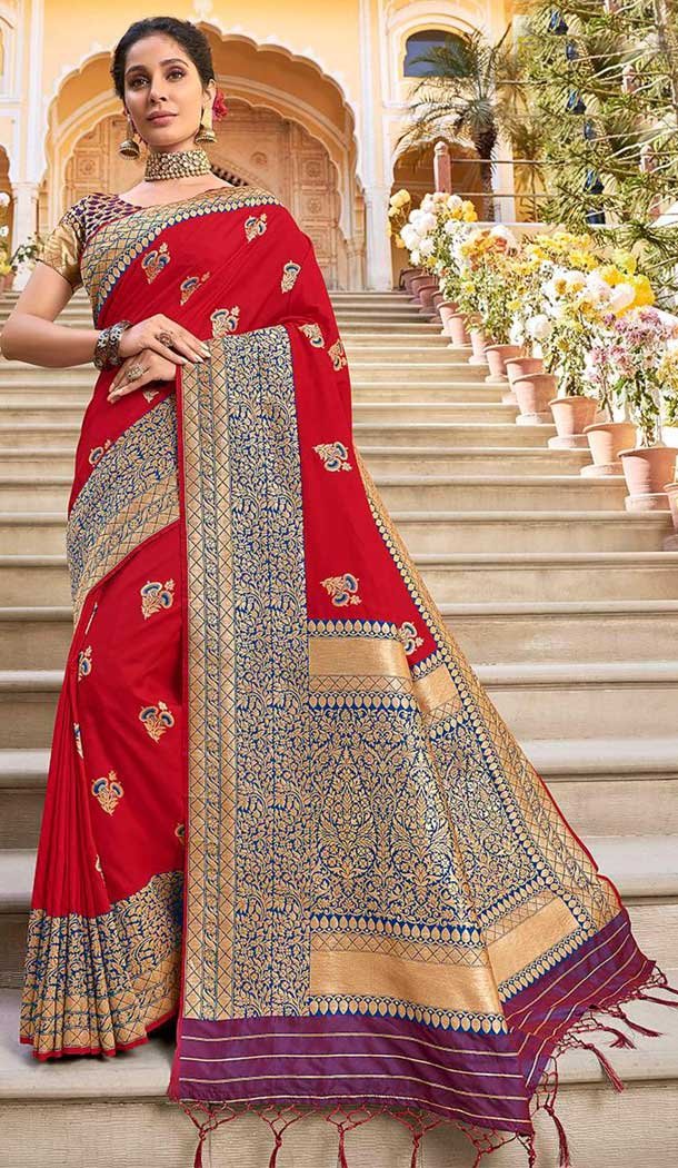 Red Color Silk Weaving Work Traditional Party Wear Saree -136118319