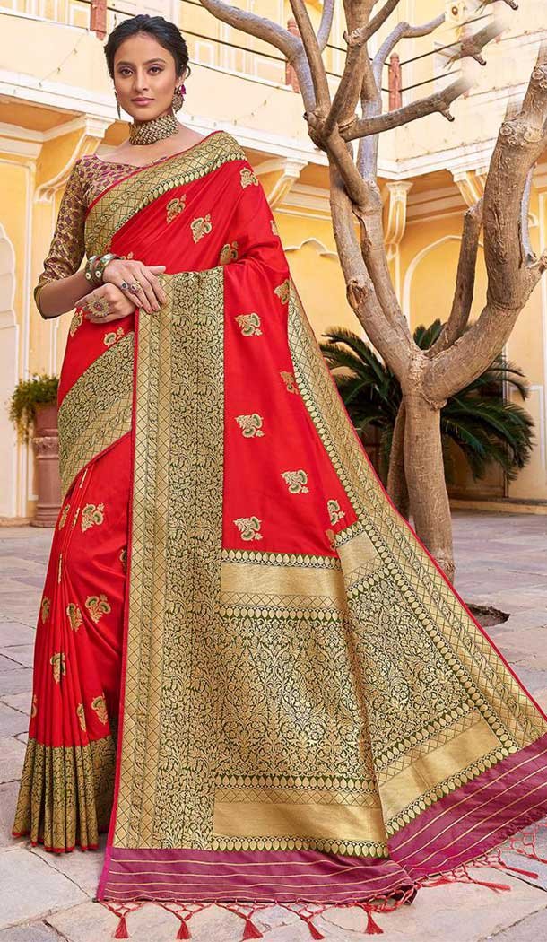 Red Color Silk Weaving Work Traditional Party Wear Saree -136118321