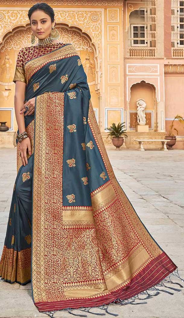Stone Blue Color Silk Weaving Work Traditional Party Wear Saree -136118322