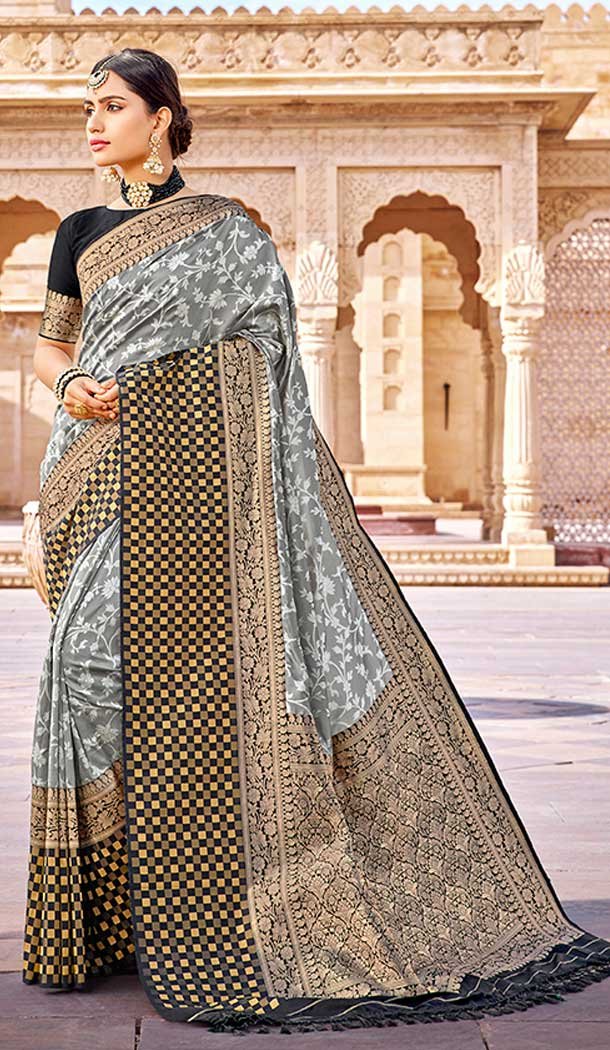 Grey Color Silk Weaving Work Traditional Wear Designer Saree Blouse -137118325