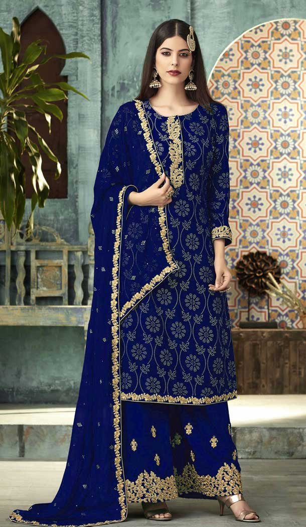 Blue Georgette Casual Office Party Wear Palazzo Salwar Suit -239119367