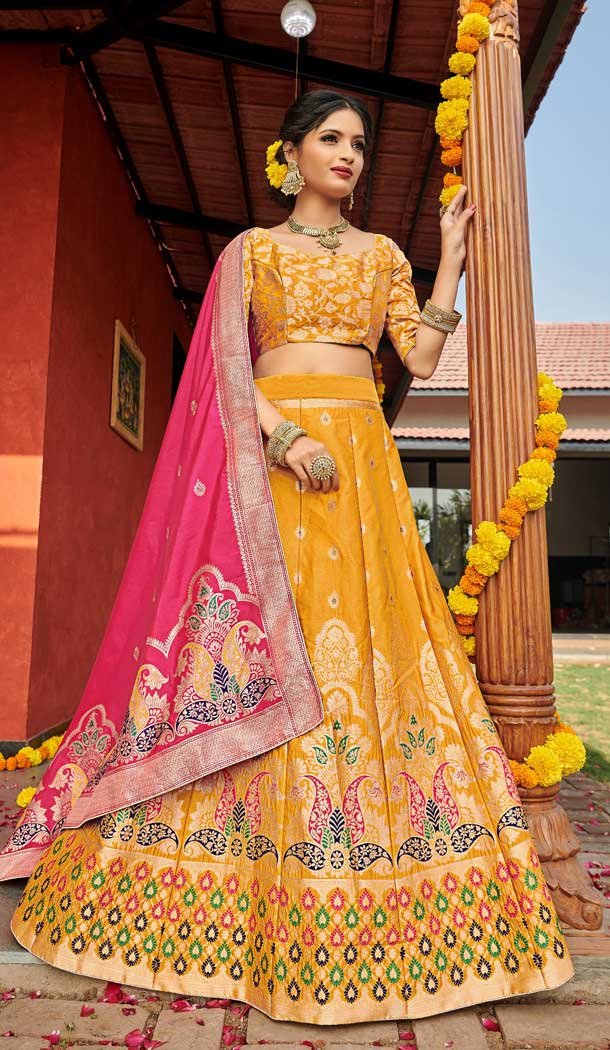 Tantalizing Yellow Color Banarasi Silk Jequard Designer Wear Lehenga Choli -219119208