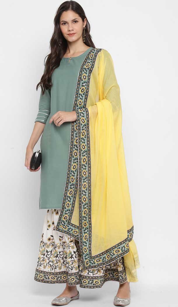 See Green Color Cotton Readymade Party Wear Women Kurta With Dupatta -226119308