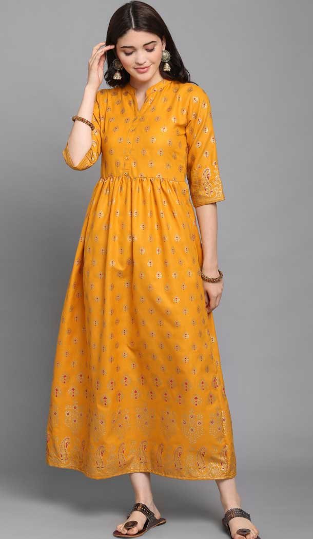 Yellow Color Rayon Trendy Casual Party Wear Long Kurti -248119407