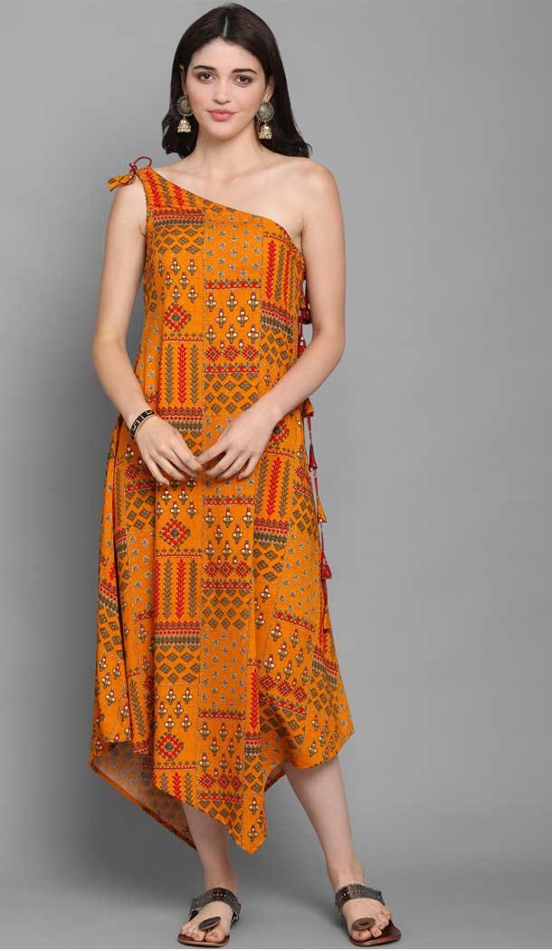 Musterd Color Cotton Trendy Casual Party Wear Long Western Kurti -249119411