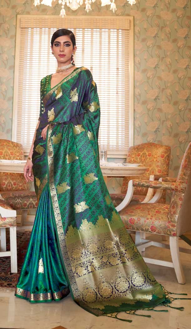 Green Color Pure Satin Weaving Classic Traditional Party Wear Saree -255119448