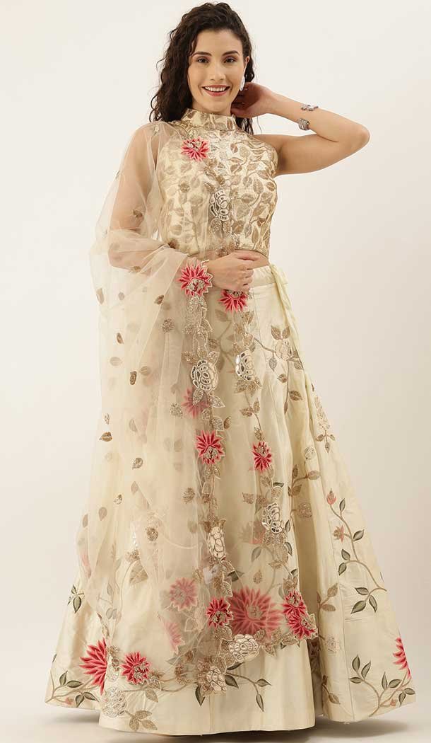 Creem Color Satin Silk Designer Bridal Mehendi Sangeet Wear Lehenga Choli -AC86205421