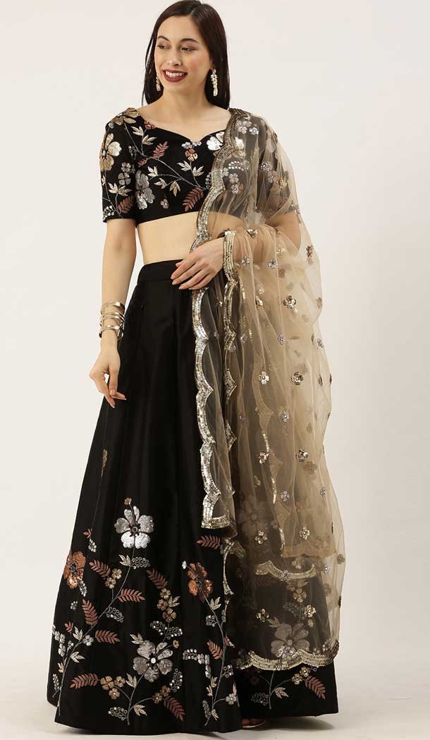 Black Color Satin Silk Designer Mehendi Sangeet Wear Lehenga Choli AC86225443