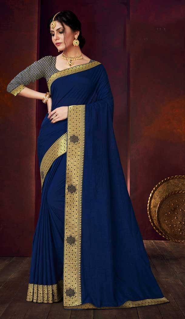 Blue Color Vichitra Silk Casual Office Party Wear Saree Blouse -284119704