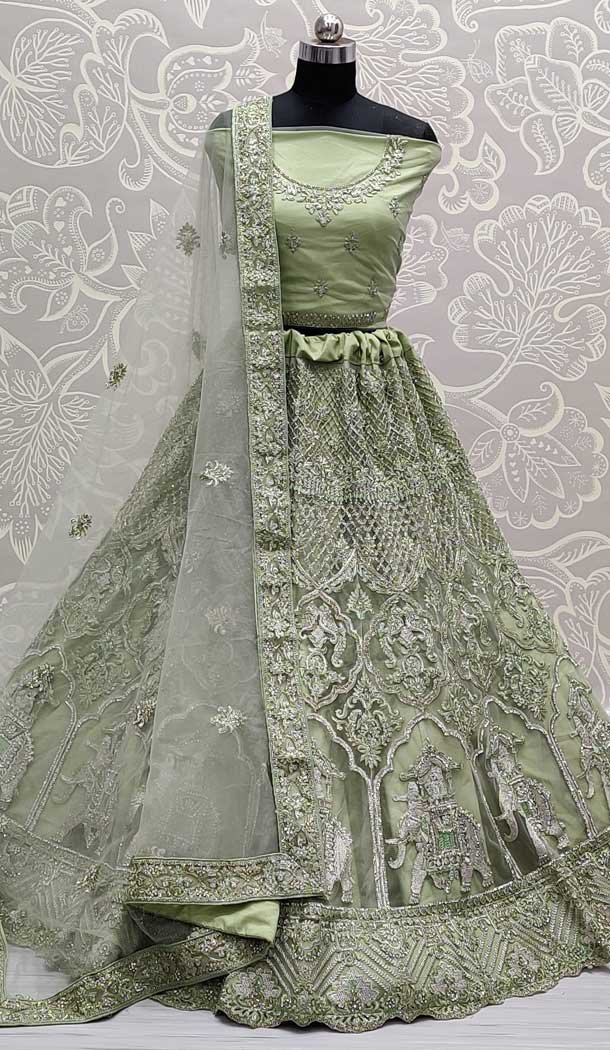 Green Color Net Heavy Look Bridal Wedding Wear Lehenga Choli -86695760