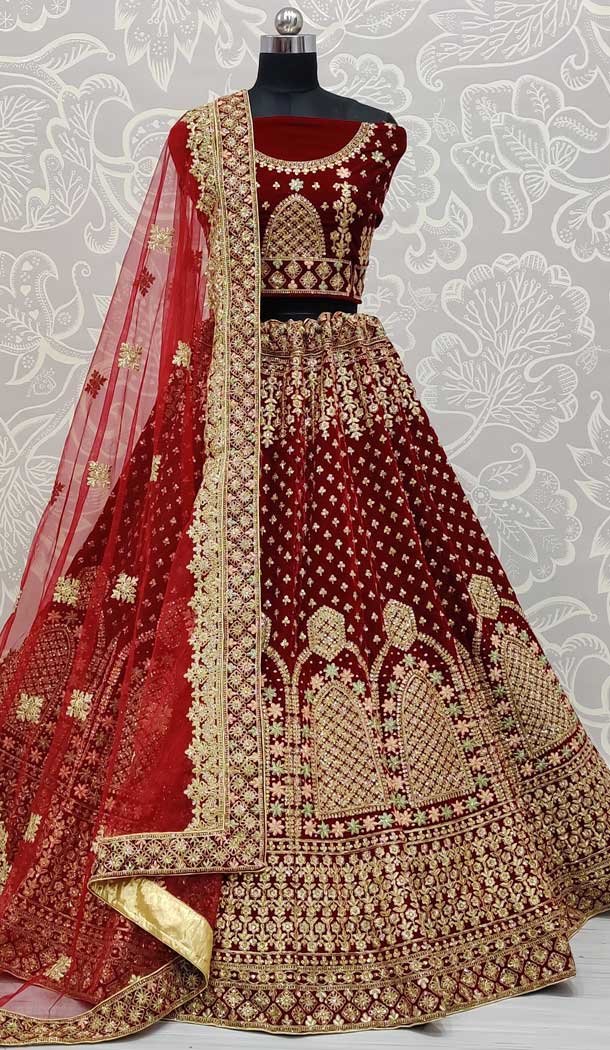 Elegant Maroon Color Velvet Heavy Bridal Wedding Wear Lehenga Choli -86715772