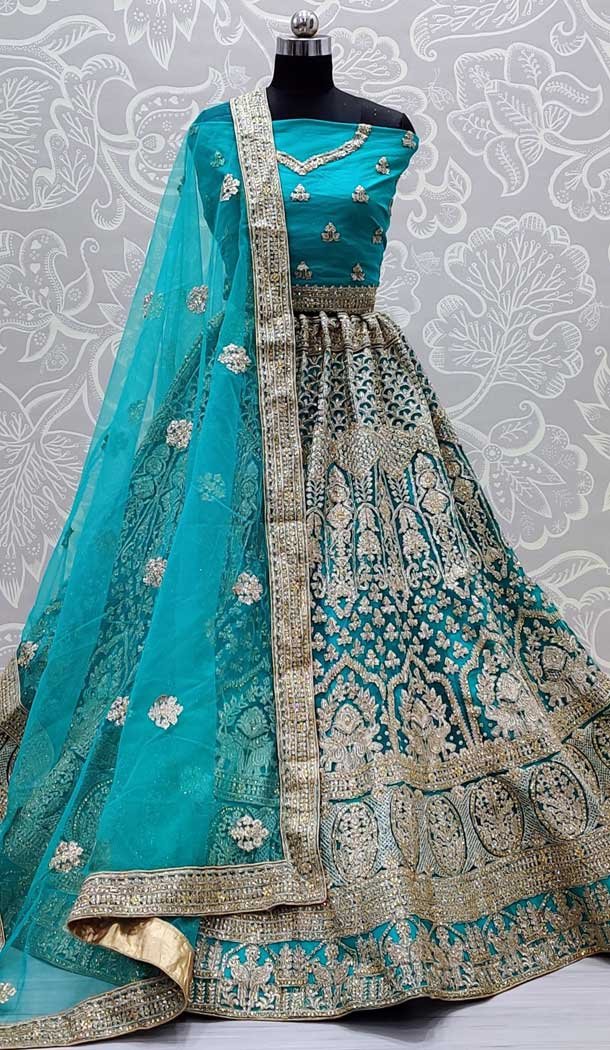 Firozi Color Net Heavy Wedding Mehendi Sangeet Wear Lehenga Choli -86725779