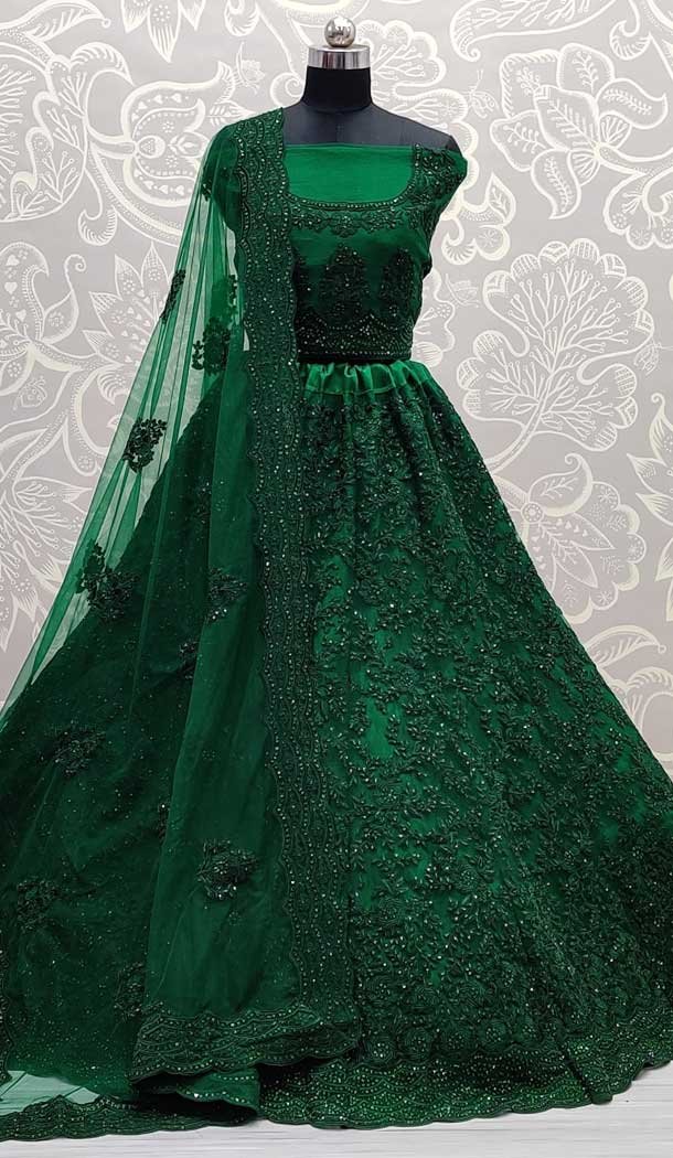 Green Color Net Designer Bridal Wedding Wear Women Lehenga Choli -86745785