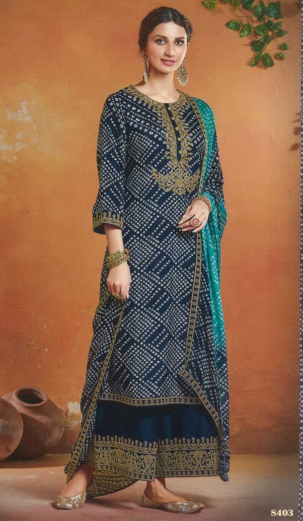 Blue Color Tusser Silk Evening Party Wear Palazzo Suit -316119930