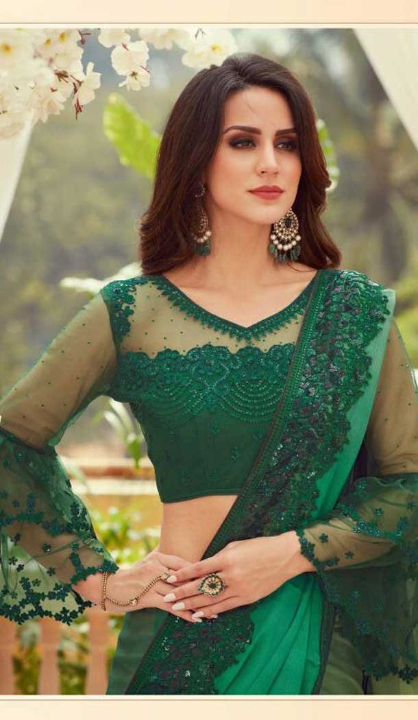 Green Color Chiffon Embroidered Designer Party Wear Saree Blouse -347120154