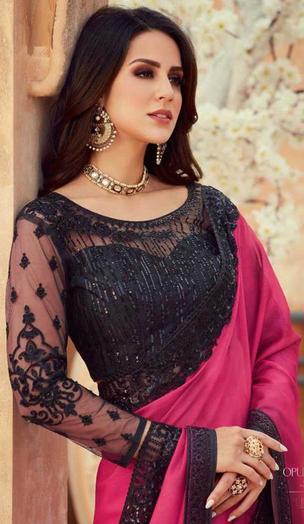 Rani Pink Color Chiffon Embroidered Designer Party Wear Saree Blouse -347120157